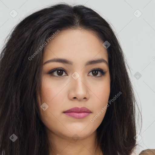 Neutral asian young-adult female with long  brown hair and brown eyes