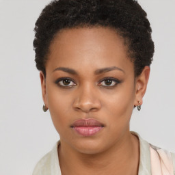 Neutral black young-adult female with short  brown hair and brown eyes