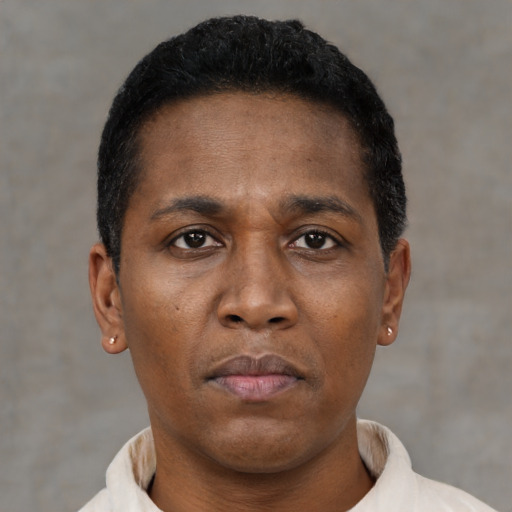 Neutral black young-adult male with short  black hair and brown eyes