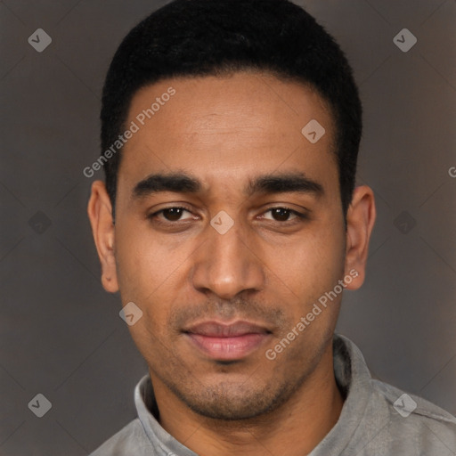Neutral latino young-adult male with short  black hair and brown eyes