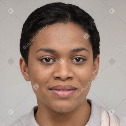 Joyful black young-adult female with short  black hair and brown eyes