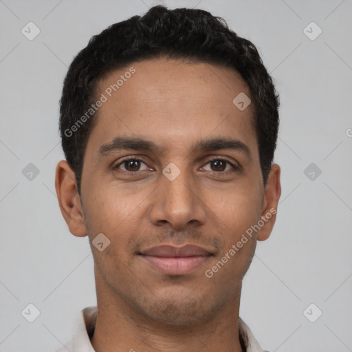 Neutral latino young-adult male with short  black hair and brown eyes