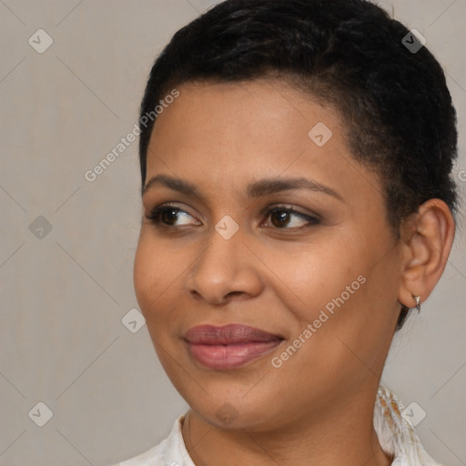 Joyful latino young-adult female with short  brown hair and brown eyes