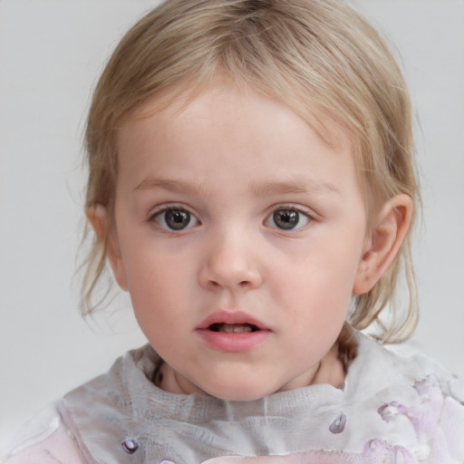 Neutral white child female with medium  brown hair and blue eyes