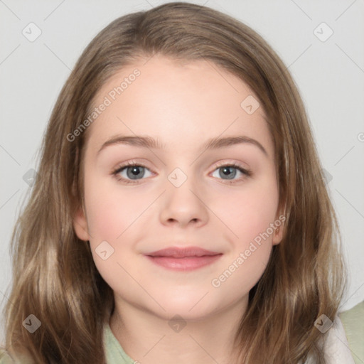 Joyful white child female with medium  brown hair and brown eyes