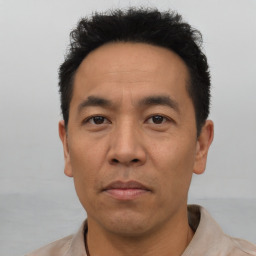 Neutral asian adult male with short  brown hair and brown eyes