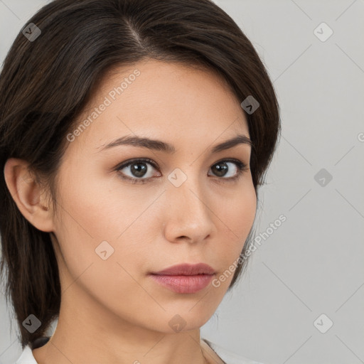 Neutral white young-adult female with medium  brown hair and brown eyes