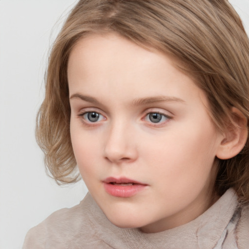 Neutral white child female with medium  brown hair and grey eyes