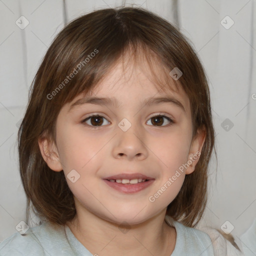 Joyful white child female with medium  brown hair and brown eyes