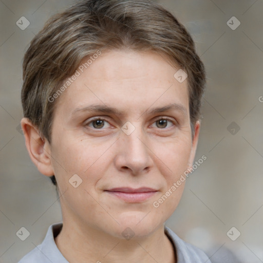 Joyful white adult female with short  brown hair and brown eyes