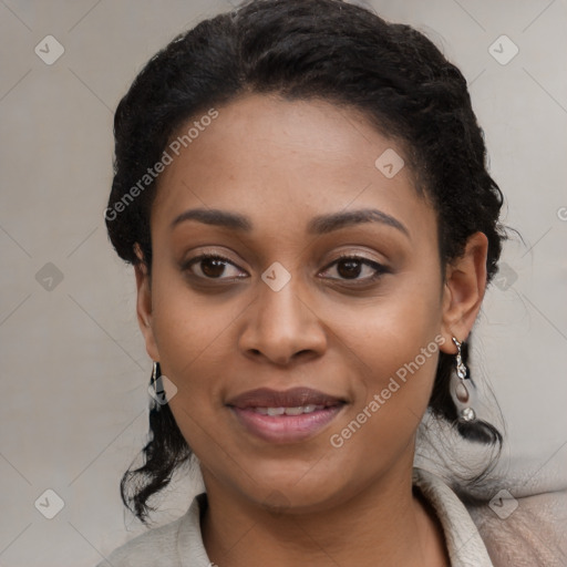 Joyful black young-adult female with medium  black hair and brown eyes