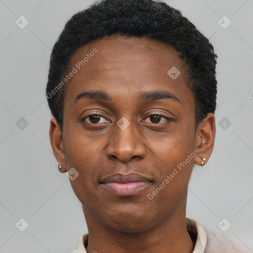 Neutral black young-adult male with short  black hair and brown eyes