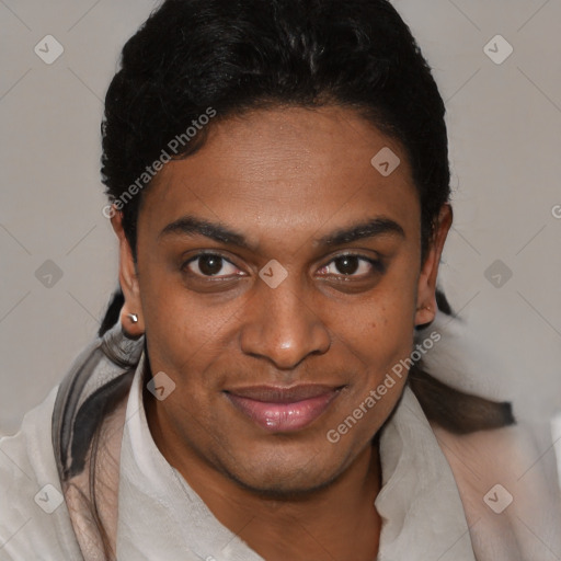 Joyful black young-adult female with short  black hair and brown eyes