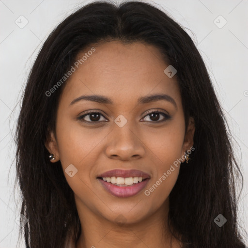 Joyful latino young-adult female with long  brown hair and brown eyes