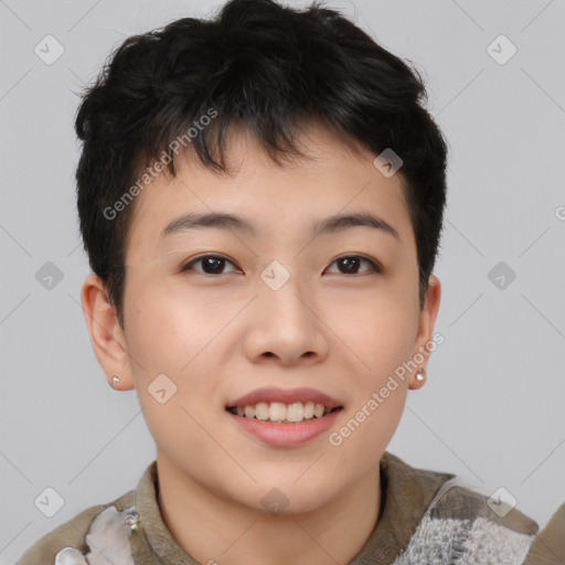 Joyful asian young-adult female with short  brown hair and brown eyes