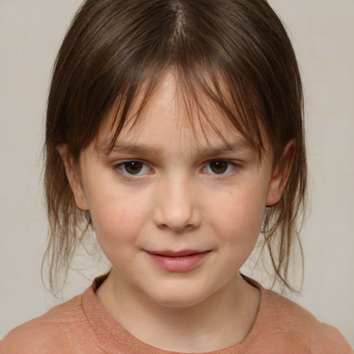 Joyful white child female with medium  brown hair and brown eyes