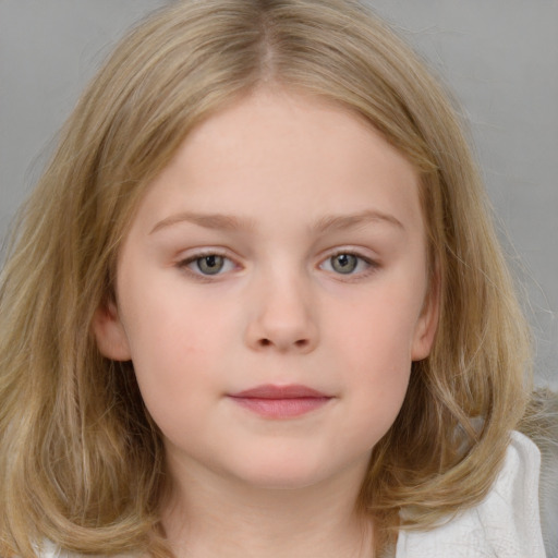 Neutral white child female with medium  brown hair and grey eyes