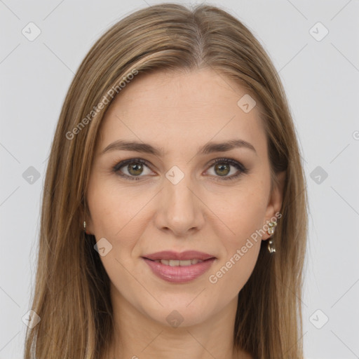 Joyful white young-adult female with long  brown hair and brown eyes