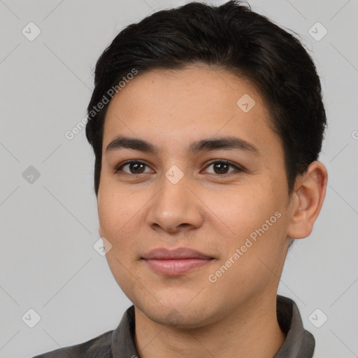 Joyful white young-adult male with short  black hair and brown eyes