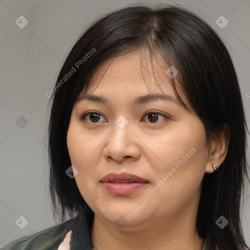 Joyful white young-adult female with medium  brown hair and brown eyes