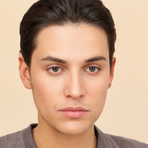 Neutral white young-adult male with short  brown hair and brown eyes