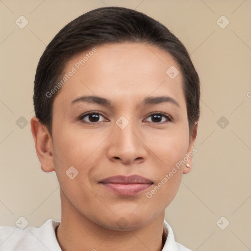 Joyful white young-adult female with short  brown hair and brown eyes