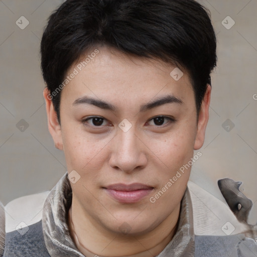 Joyful asian young-adult female with short  brown hair and brown eyes