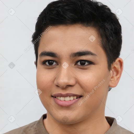 Joyful asian young-adult female with short  brown hair and brown eyes