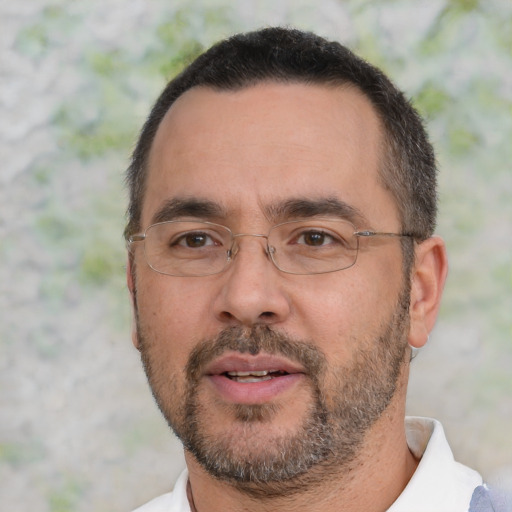 Neutral white adult male with short  black hair and brown eyes