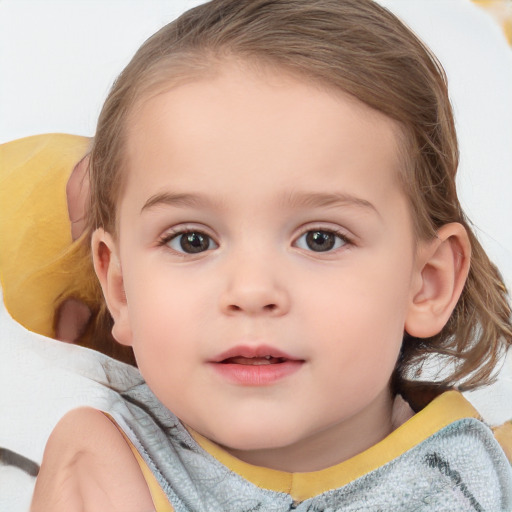 Neutral white child female with medium  brown hair and blue eyes