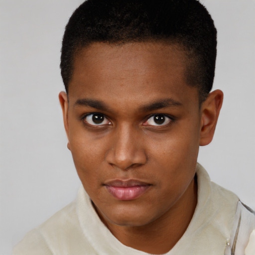 Neutral black young-adult male with short  brown hair and brown eyes