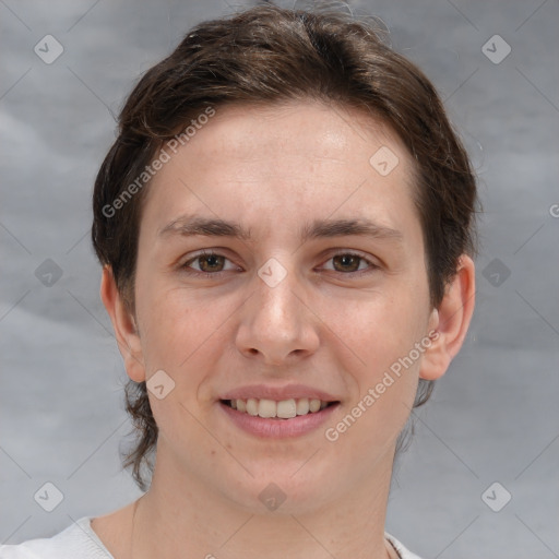 Joyful white young-adult female with medium  brown hair and grey eyes