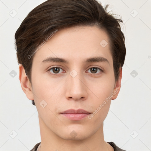 Neutral white young-adult male with short  brown hair and brown eyes