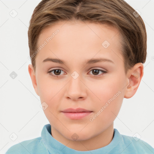 Joyful white child female with short  brown hair and brown eyes