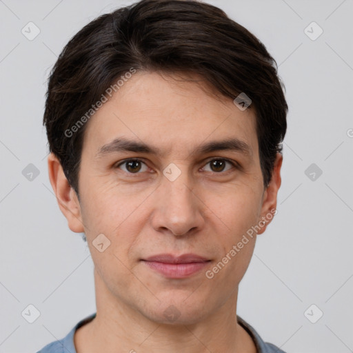 Joyful white young-adult male with short  brown hair and brown eyes