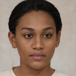 Neutral black young-adult female with short  brown hair and brown eyes