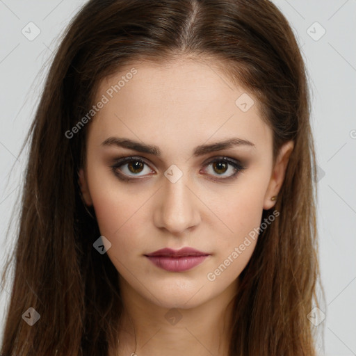 Neutral white young-adult female with long  brown hair and brown eyes