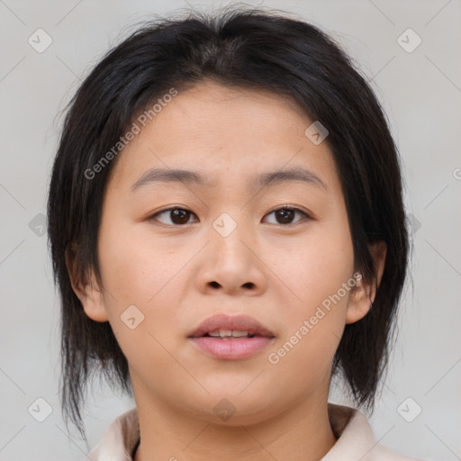 Neutral asian young-adult female with medium  brown hair and brown eyes