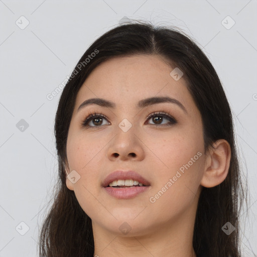 Neutral asian young-adult female with long  brown hair and brown eyes