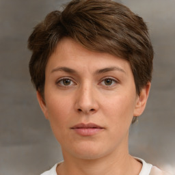 Neutral white young-adult female with short  brown hair and brown eyes