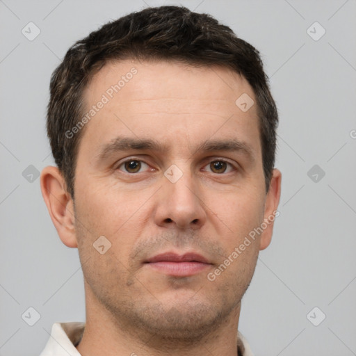 Neutral white adult male with short  brown hair and brown eyes