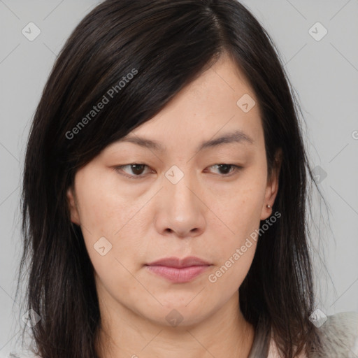 Neutral asian young-adult female with medium  brown hair and brown eyes