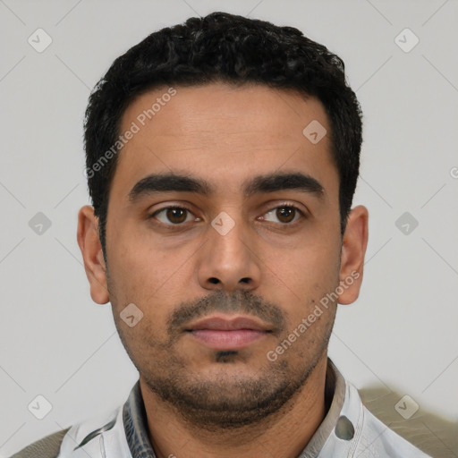 Neutral latino young-adult male with short  black hair and brown eyes