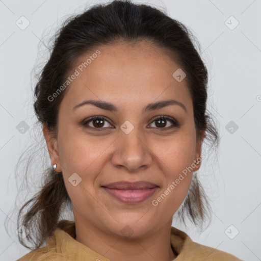 Joyful white adult female with medium  brown hair and brown eyes