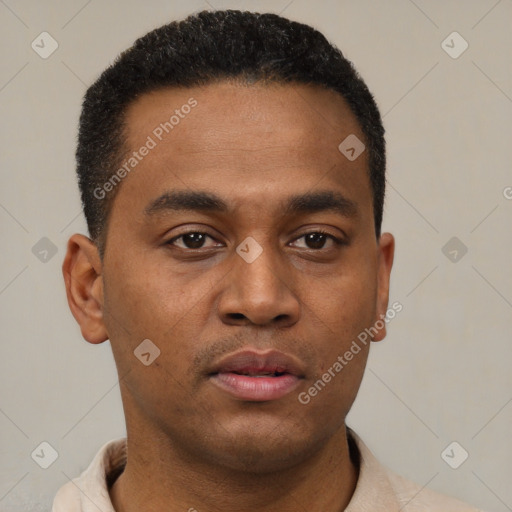 Neutral latino young-adult male with short  black hair and brown eyes