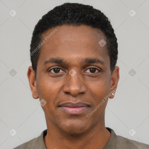 Neutral black young-adult male with short  black hair and brown eyes