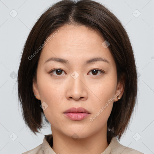 Neutral white young-adult female with medium  brown hair and brown eyes