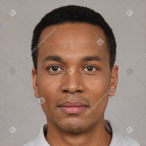 Neutral latino young-adult male with short  black hair and brown eyes