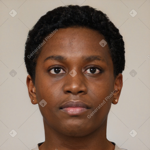 Neutral black young-adult female with short  brown hair and brown eyes