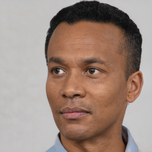 Neutral black adult male with short  black hair and brown eyes